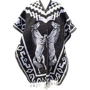 Mexican Poncho Blanket Unisex Black White Woven Cobija Gaban Warm Durable